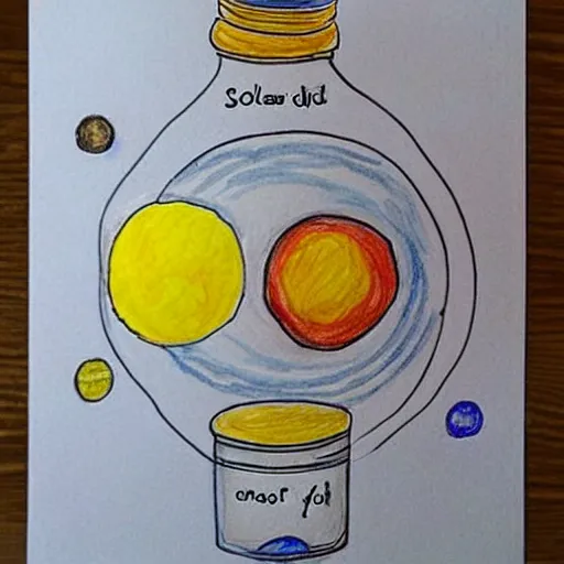 Image similar to solar system enclosed in a bottle, child ’ s drawing, cute, cartoon