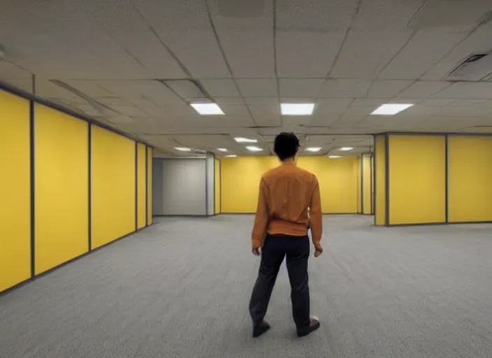 Image similar to low quality photo of real life version of son goku in the backrooms, mono - yellow old moist carpet randomly connected infinite empty office space yellow colors warm light scary