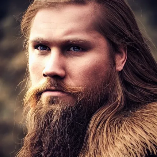 Image similar to hyperrealistic photograph of a brown-haired viking, 8k, profile picture, cinematic, high contrast, epic real fantasy, stoic facial expression, looking at the camera