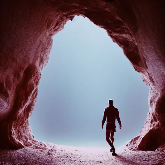 Image similar to portrait of a humanoid alien walking trough a beautiful cave