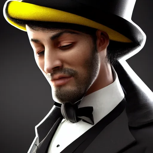 Image similar to a highly detailed portrait of a man in a high top hat covering his face, in a black tailcoat with a yellow waistcoat under the tailcoat, artstation, deviantart, professional, unreal engine 5, photorealistic