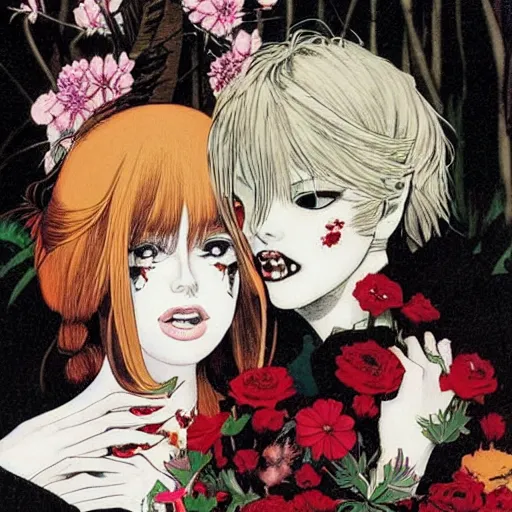 Image similar to symmetrical pretty elegant brigitte bardot as a vampire with friend, very detailed style of takato yamamoto lots of flowers