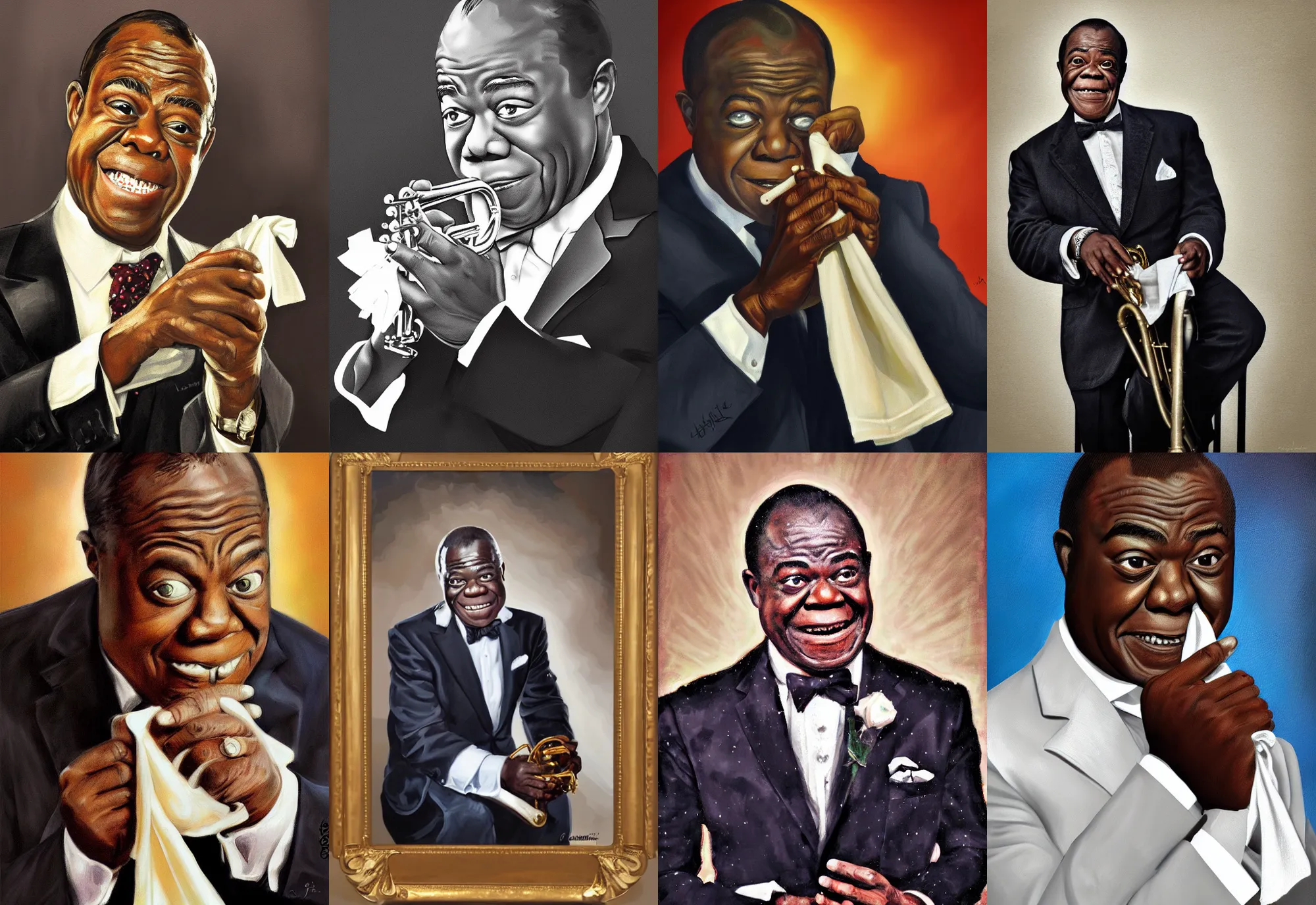 Image similar to a portrait of louis armstrong holding a white handkerchief, by jamie coreth, dramatic lighting, highly detailed digital painting