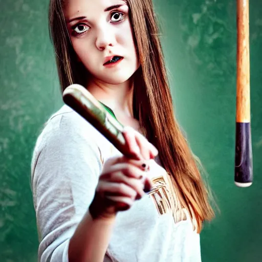 Prompt: lomo photograph, intricate detail, hyper detail, young beautifull woman, very hapot, full body potrait holding baseball bat, hazel green eyes, realistic, highlydetailed, natural, model shoot, masterpiece, sharp focus,