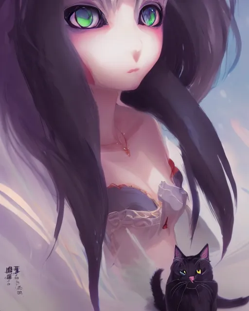 Image similar to character concept art of an anime goddess of mischievous black cats | | cute - fine - face, pretty face, realistic shaded perfect face, fine details by stanley artgerm lau, wlop, rossdraws, james jean, andrei riabovitchev, marc simonetti, and sakimichan, trending on artstation