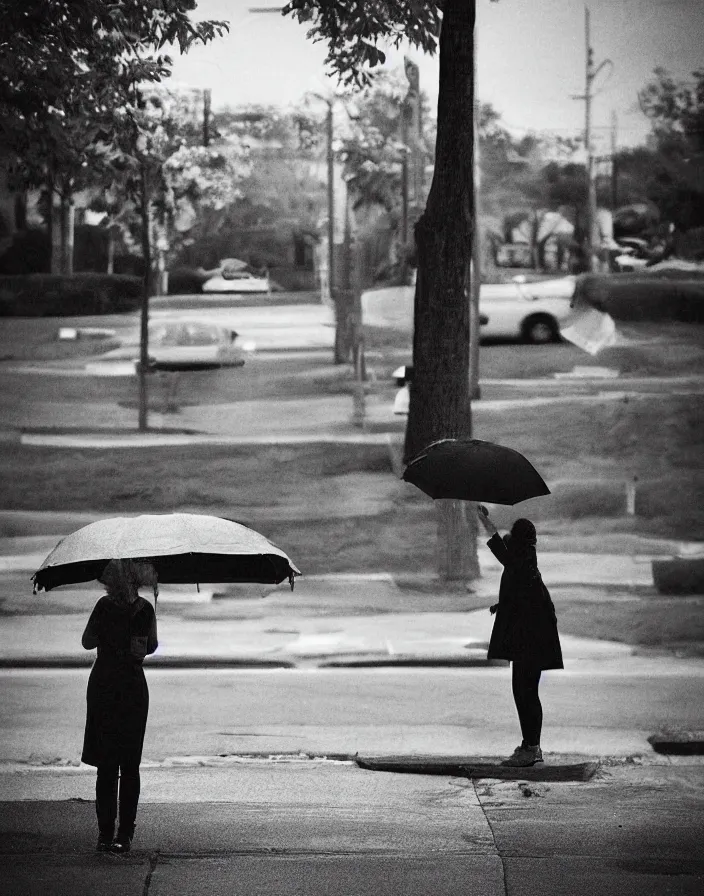 Image similar to “ photography in the style of gregory crewdson, quiet american neighborhood, a woman waiting with a black umbrella ”