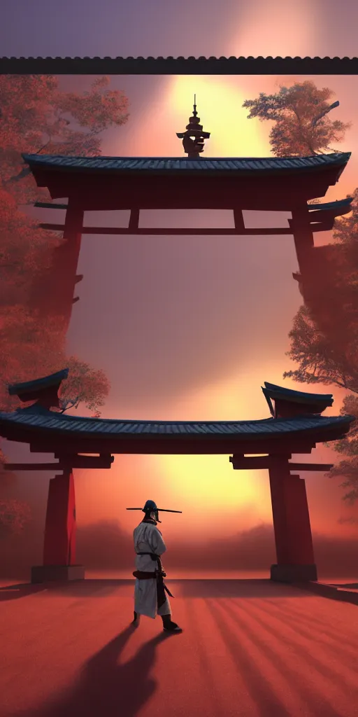 Prompt: Armed samurai standing under an enormous torii gate with the very very red rising sunrise ,hyper-realistic, your name sky, evening, octane rendering , inspired by Katsuhiro Otomo, pixelactivist