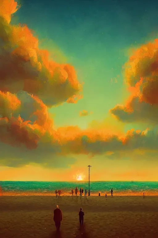 Prompt: a nuclear bomb detonates beach surreal photography, sunrise, dramatic light, impressionist painting, colorful clouds, digital painting, artstation, simon stalenhag