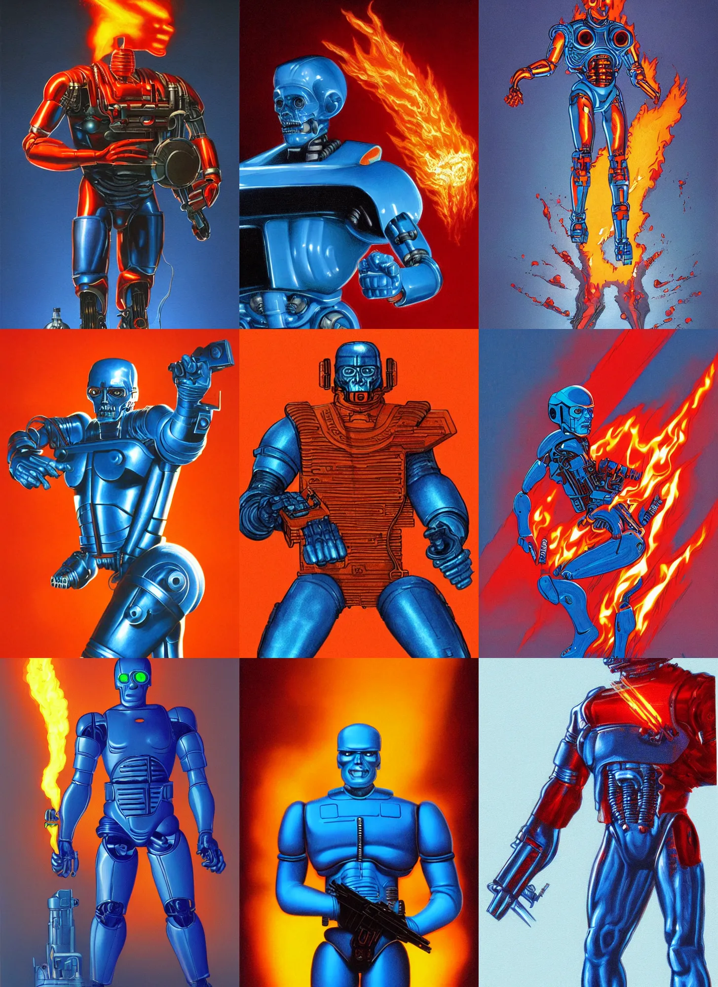 Prompt: full body concept illustration of a retro sci - fi flat colored blue humanoid terminator by michael whelan, flat red colored flames