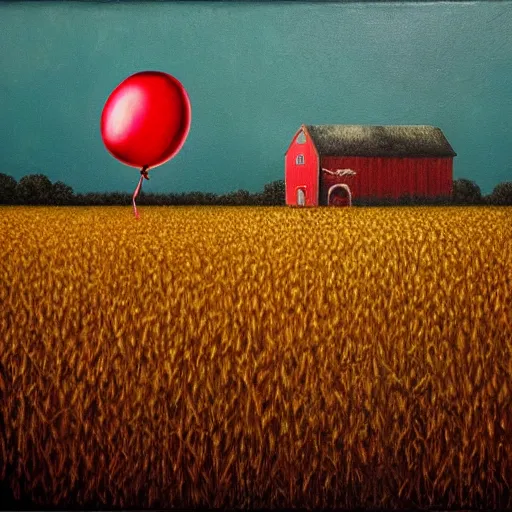 Image similar to grunge painting of cornfield with a red balloon by chris leib, horror theme, detailed, elegant, intricate, conceptual, volumetric light