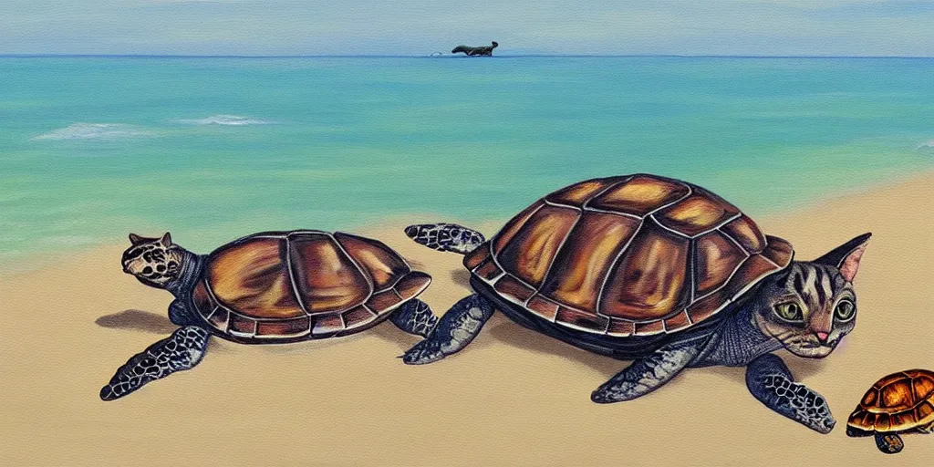 Prompt: painting of a cat on the beach playing with a turtle in the ocean