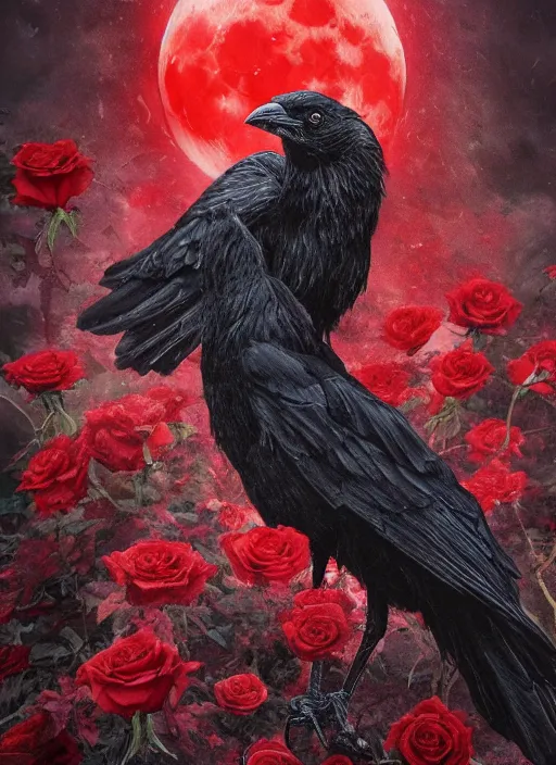 Image similar to red color details, portrait, A crow with red eyes in front of the full big moon, book cover, red roses, red white black colors, establishing shot, extremly high detail, foto realistic, cinematic lighting, by Yoshitaka Amano, Ruan Jia, Kentaro Miura, Artgerm, post processed, concept art, artstation, raphael lacoste, alex ross, portrait, A crow with red eyes in front of the full big moon, book cover, red roses, red white black colors, establishing shot, extremly high detail, foto realistic, cinematic lighting, by Yoshitaka Amano, Ruan Jia, Kentaro Miura, Artgerm, post processed, concept art, artstation, raphael lacoste, alex ross