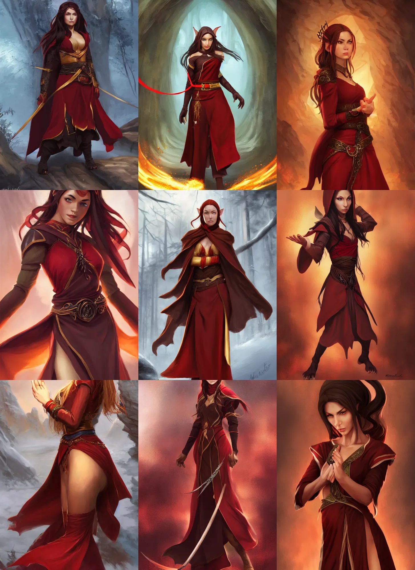 Prompt: beautiful female half elf monk, young, full body black and red longcoat, fisting, detailed face, brown hair, short ponytail, golden eyes, brown skin, high fantasy, high detail, smooth, digital illustration, by michael komarck, mtg art