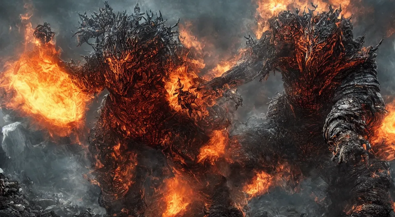 Prompt: A Dark Souls boss in a fallen kingdom with fire and thunder, highly detailed, hyper realistic