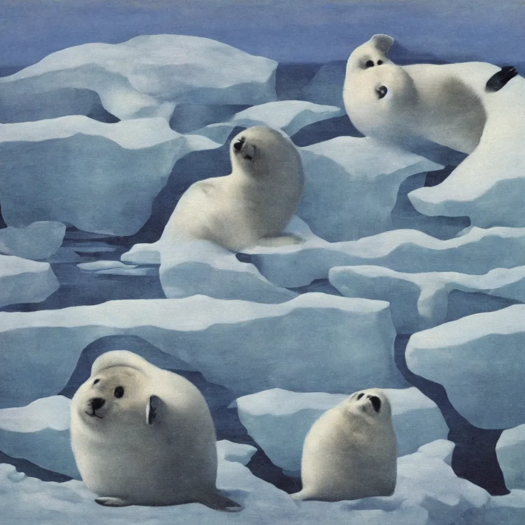 Prompt: a baby harp seal, painting by rene magritte, glaciers and ice and snow