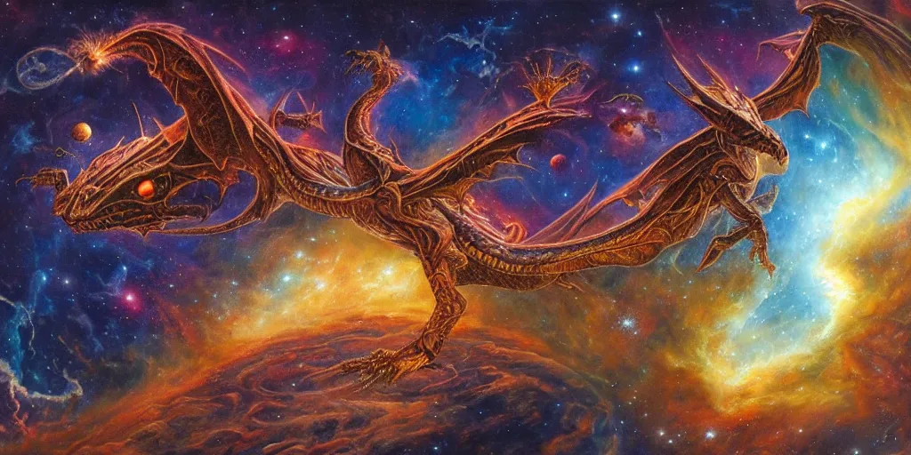 Image similar to an alien dragon flying through outer space, epic nebula, dan seagrave art