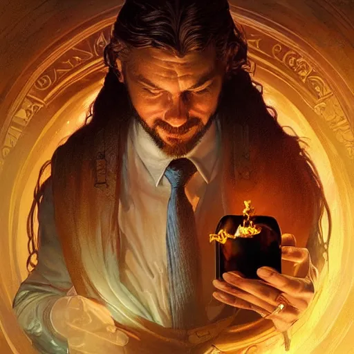 Prompt: man holding he's soul in a jar portrait, backlight, rim lighting, deep focus, d & d, fantasy, intricate, elegant, highly detailed, digital painting, artstation, concept art, matte, centered, sharp focus, illustration, hearthstone, art by artgerm, greg rutkowski and alphonse mucha