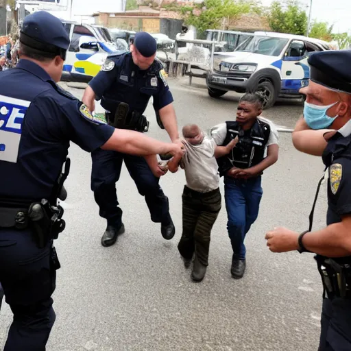 Image similar to a police officer helping people get to safety in a war