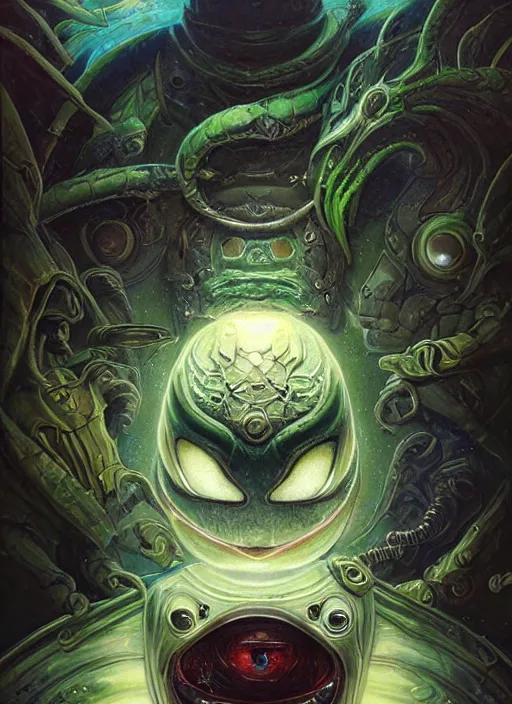 Image similar to spaceship mf doom reptile eyes, cosmic lsd poster art, intricate, elegant, highly detailed, centered, digital painting, artstation, concept art, smooth, sharp focus, illustration, artgerm, tomasz alen kopera, peter mohrbacher, donato giancola, joseph christian leyendecker, wlop, frank frazetta