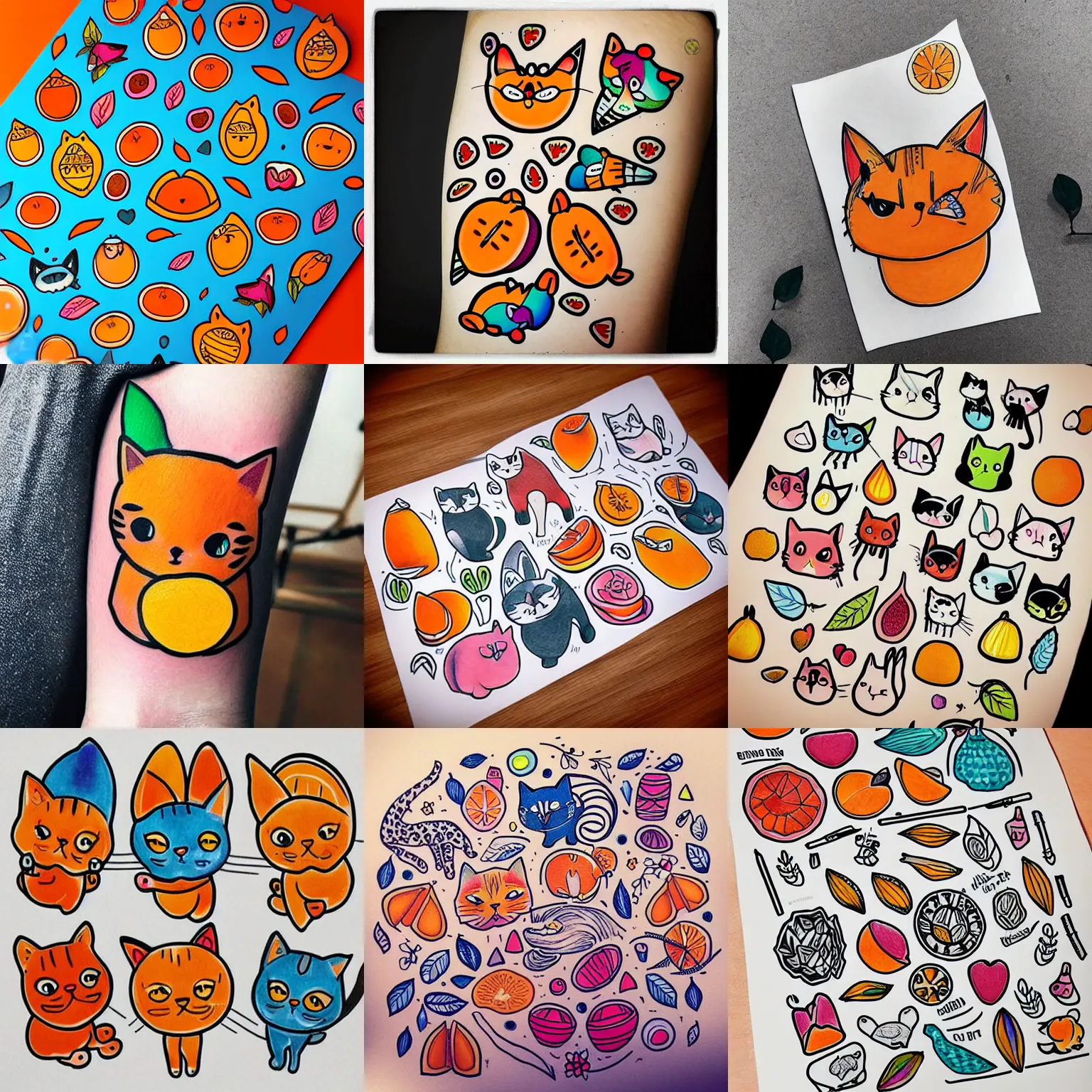 Prompt: cute colorful tattoo flash sheet based on cats and oranges, neotraditional modern minimalist, instagram highlights, colorful