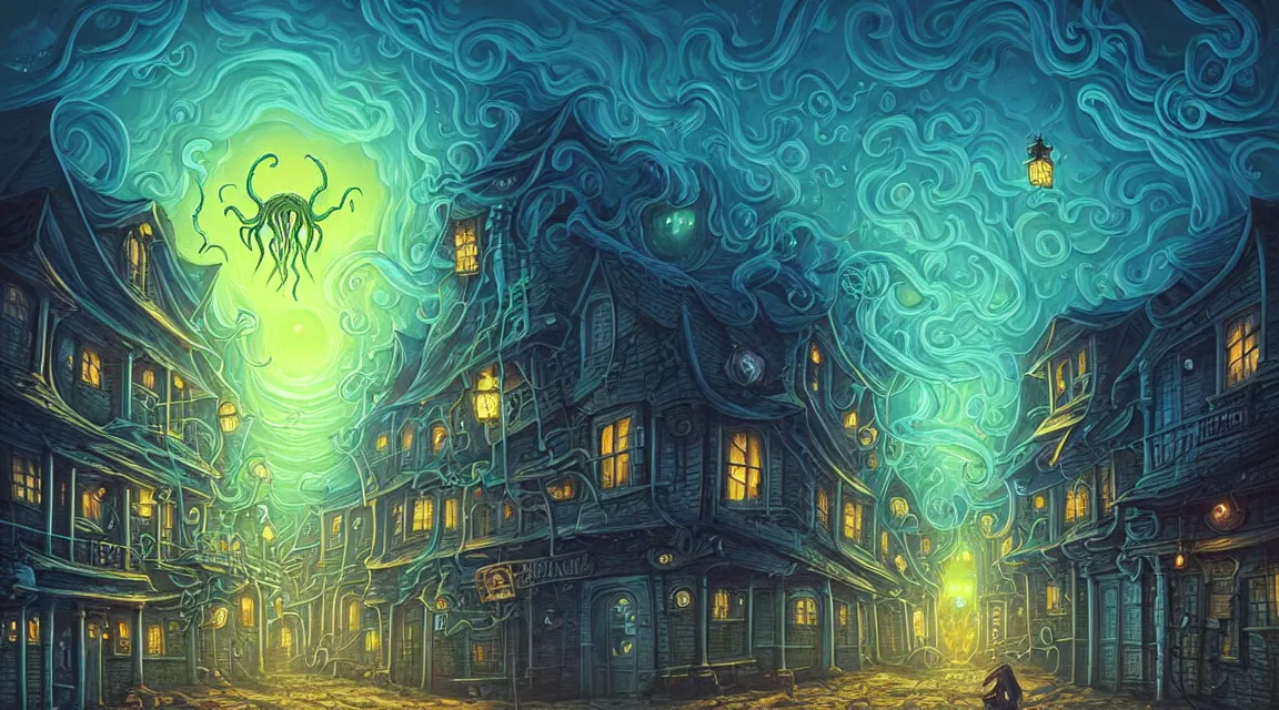 Prompt: cthulhu visits a lovecraftian town. lovecraft. cthulhu. lovecraftian city at night by cyril rolando and naomi okubo and dan mumford and ricardo bofill. lovecraftian cthulhu. cobbled streets. lovecraftian landscape. swirly night sky.