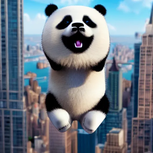 Prompt: A cute Panda toy jumping off a skyscraper in NYC, hyperrealistic, highly detailed, depth of field, High definition, 8k, octane render, artstation