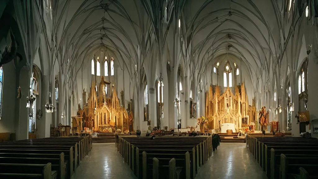 Prompt: the giant cockroach floats above the church alter, made of wax and water, film still from the movie directed by Denis Villeneuve with art direction by Salvador Dalí, wide lens