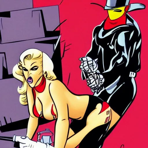 Prompt: sydney savage danger girl pin - up, mask covering mouth, medium shot, bruce timm, j. scott campbell, andy hartnell, inked, tight fit, curvaceous, slim, pinned against a wall