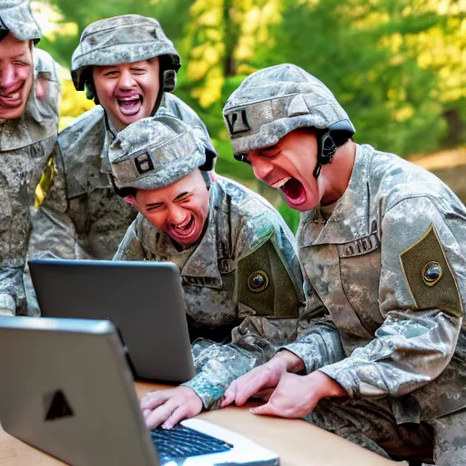 Image similar to a group of fox animals dressed in modern american military soldier uniforms, laughing at a computer, 8 5 mm f / 1. 4