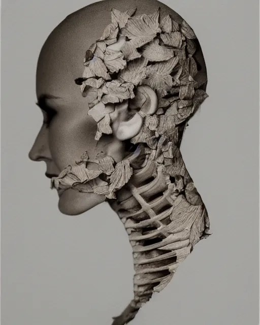 Image similar to a woman's face in profile, made of petal skeleton, in the style of the dutch masters and gregory crewdson, dark and moody