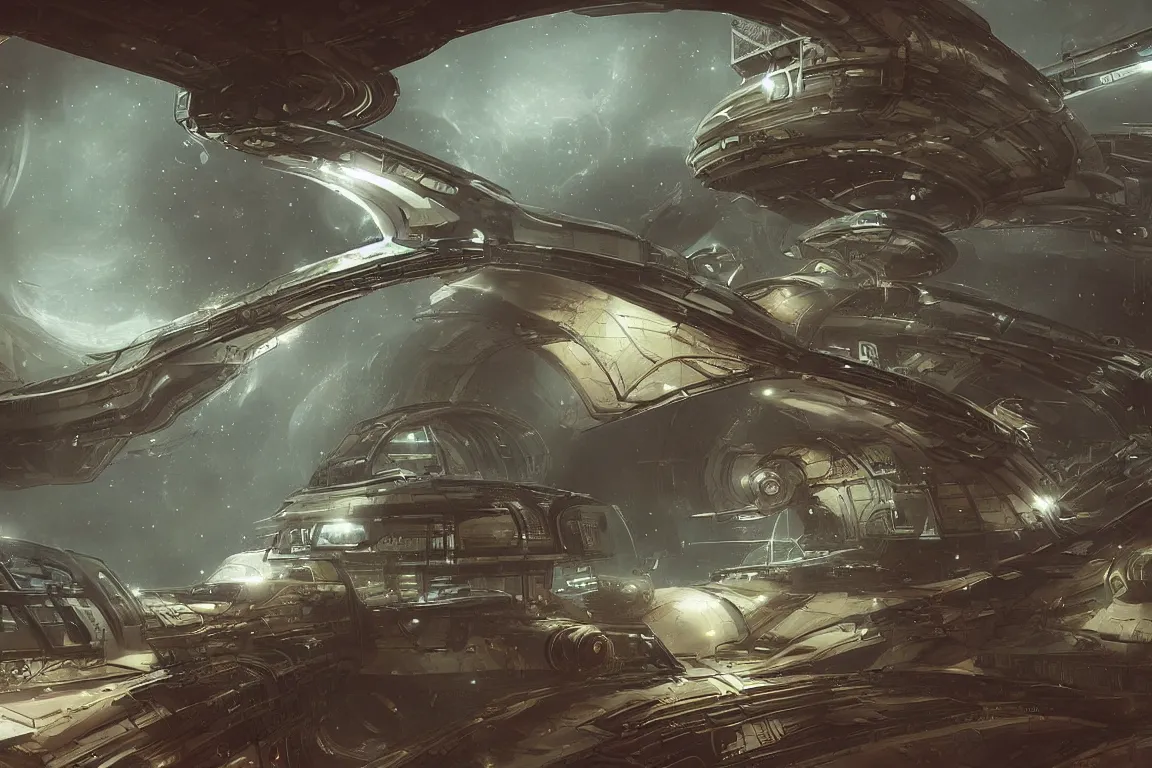 Image similar to A hyperspace tunnel floats above an alien planet, and inside it is a steampunk spaceship with similarities to an insect, Artstation