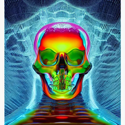 Image similar to jelly rococo gel skeleton vapuing plasma and colorful auras, liquid, drippy, misty, scifi 3 d paint spray by beeple, fernando botero, jeff koons, ivan shishkin, m. c. escher