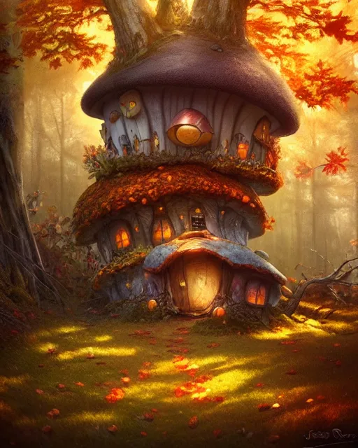 Image similar to cute mushroom house in a magical forest in autumn, cinematic, stunning, adorable, artstation, smooth, hard focus, illustration, art by jessica rossier and and brian froud