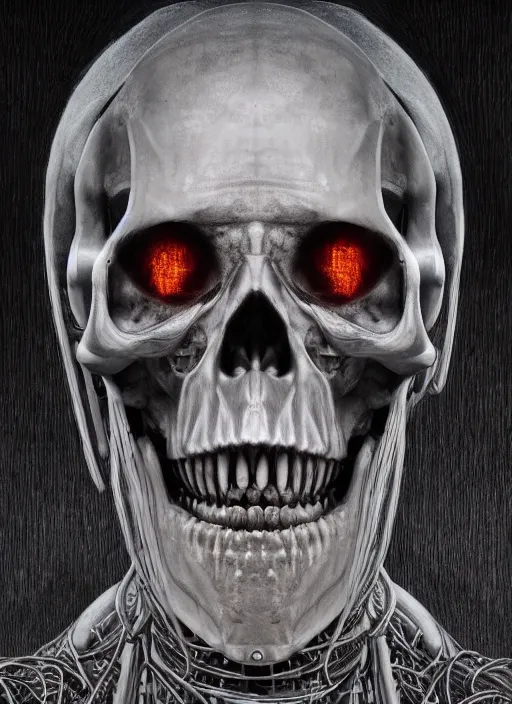 Image similar to portrait of robotic skull, by wayne barlow, stanley donwood, anton semenov, zdzislaw bekinski, hr giger, 8 k, sci fi, dark, highly detailed