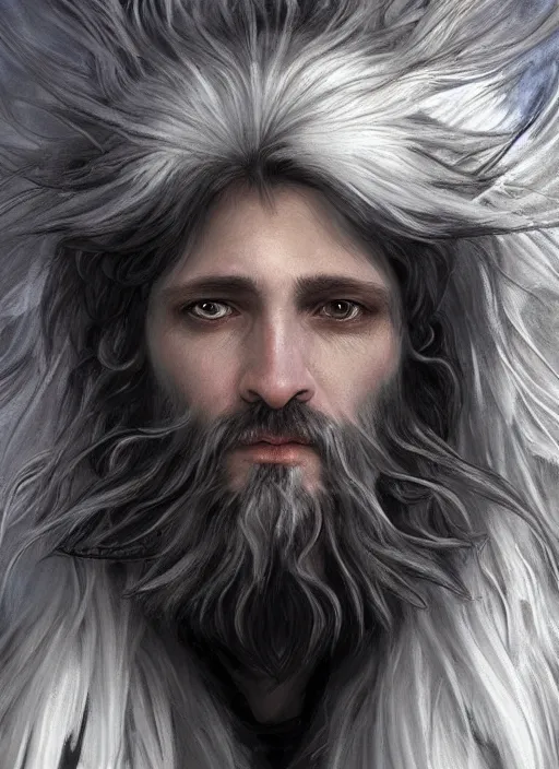 Image similar to Portrait of warlock angel, white glowing eyes, silver shaggy hair, short scruffy beard, cloak, ethereal wings, male, fantasy, extremely detailed, digital painting, artstation, concept art, smooth, sharp focus, illustration, stunning lighting, art by artgerm and greg rutkowski and alphonse mucha and simon stalenhag, realistic character concept, high fantasy, light atmosphere, golden ratio, cinematic lighting, hyperdetailed, high resolution, insanely detailed and intricate, artstation, Marc Simonetti, Greg Rutkowski, 8k