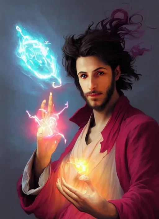 Image similar to character concept portrait of an attractive young bored Spanish wizard with magenta skin conjuring an fireball spell, a floating iridescent spell book in the center, intricate, elegant, digital painting, concept art, smooth, sharp focus, illustration, from Metal Gear, by Ruan Jia and Mandy Jurgens and William-Adolphe Bouguereau, Artgerm