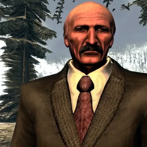 Image similar to Alexander Lukashenko wearing a suit and tie in Balmora in Elder Scrolls III: Morrowind, outdated 2002 Morrowind graphics