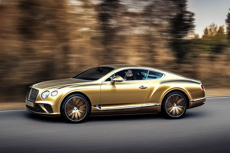 Image similar to Bentley Continental GT in shiny gold film drives along old Russian village road with houses houses around the edges