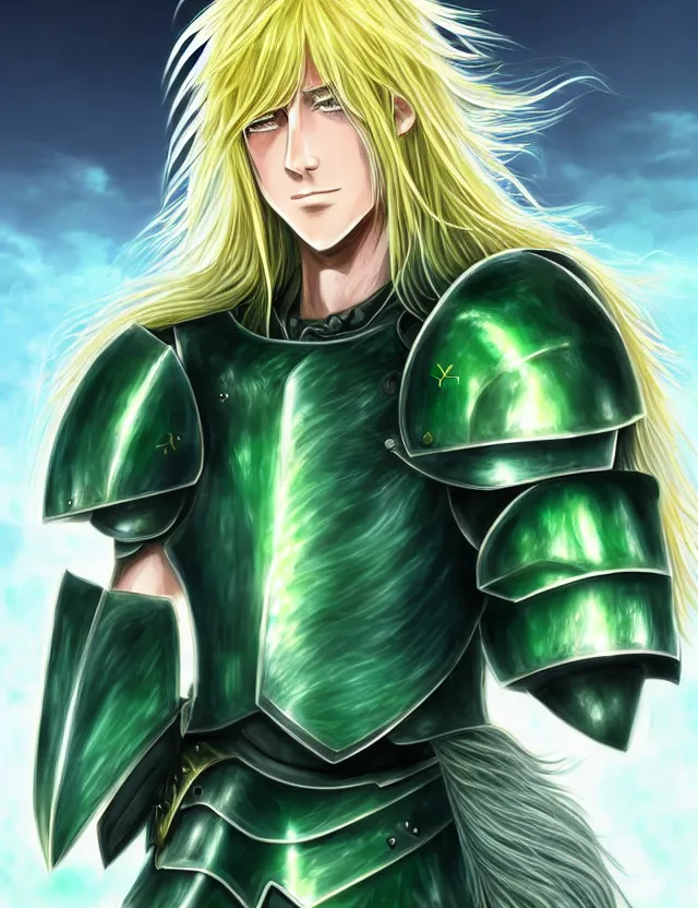 Image similar to an excellent upper body anime portrait of a long haired blonde man with blue eyes in green plate armour glowing with green energy, trending on artstation, digital art, 4 k resolution, detailed, high quality, sharp focus, hq artwork, coherent, insane detail