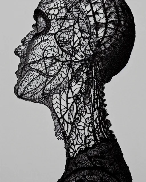 Prompt: a woman's face in profile, wearing a collared shirt, made of intricate decorative lace leaf skeleton, in the style of the dutch masters and gregory crewdson, dark and moody