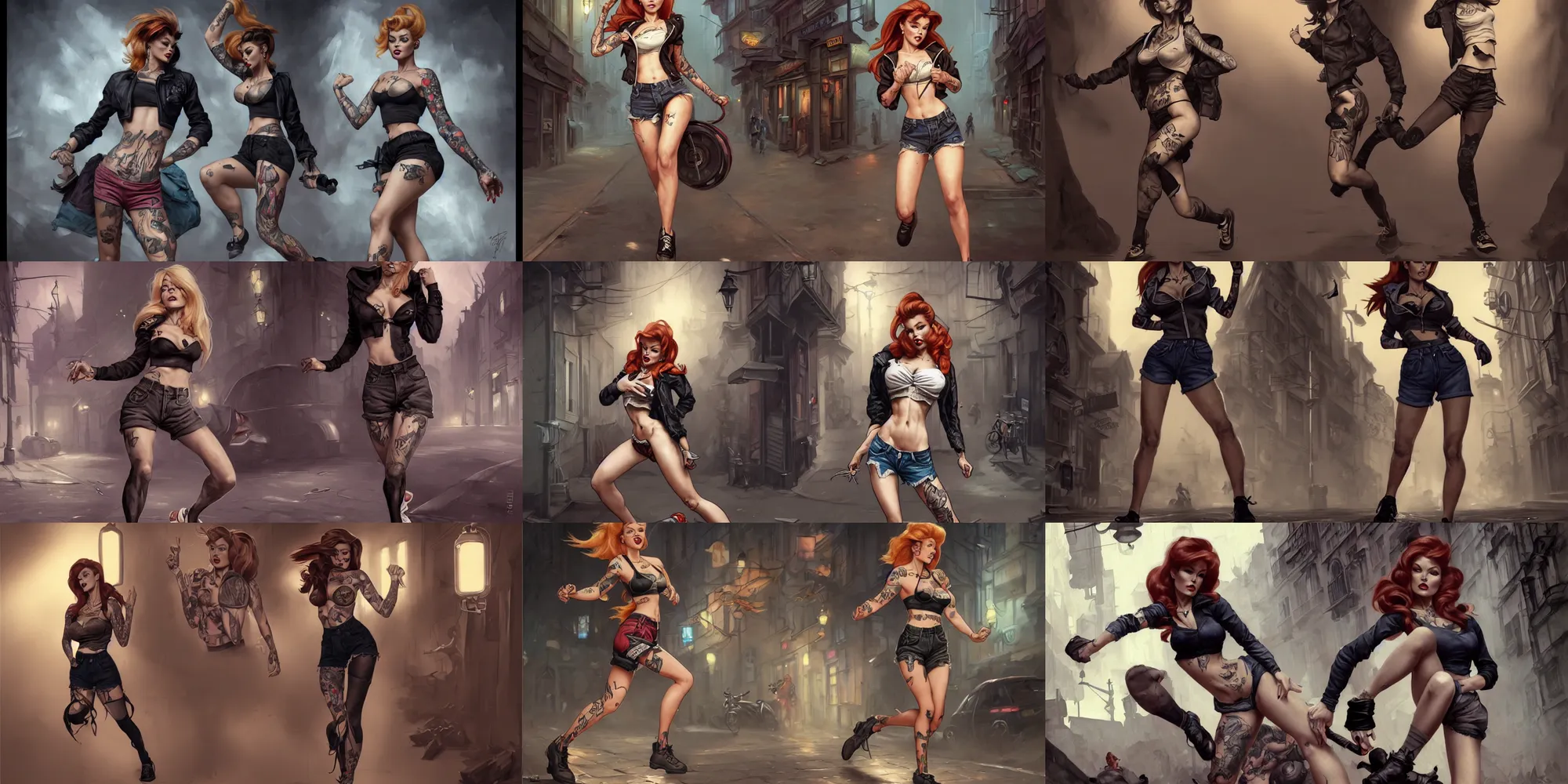 Prompt: tattooed pinup girl brigitte bardot wearing a jacket and ripped shorts running and fighting in a dark street, character sheet, character design,, contrast, deep focus, turnaround, highly detailed, dramatic lighting, digital painting, artstation, concept art, matte, sharp focus, illustration, elegant, art by artgerm and greg rutkowski and alphonse mucha.