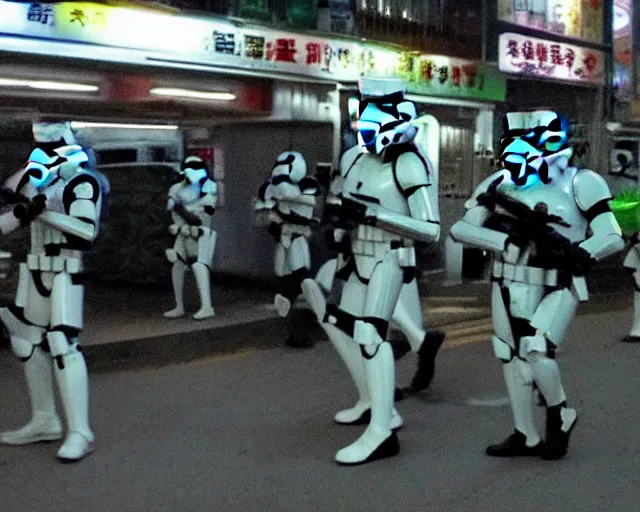 Image similar to cctv footage of stormtroopers executing a night raid in hong kong, grainy, fish eye lens, green night vision, cdx