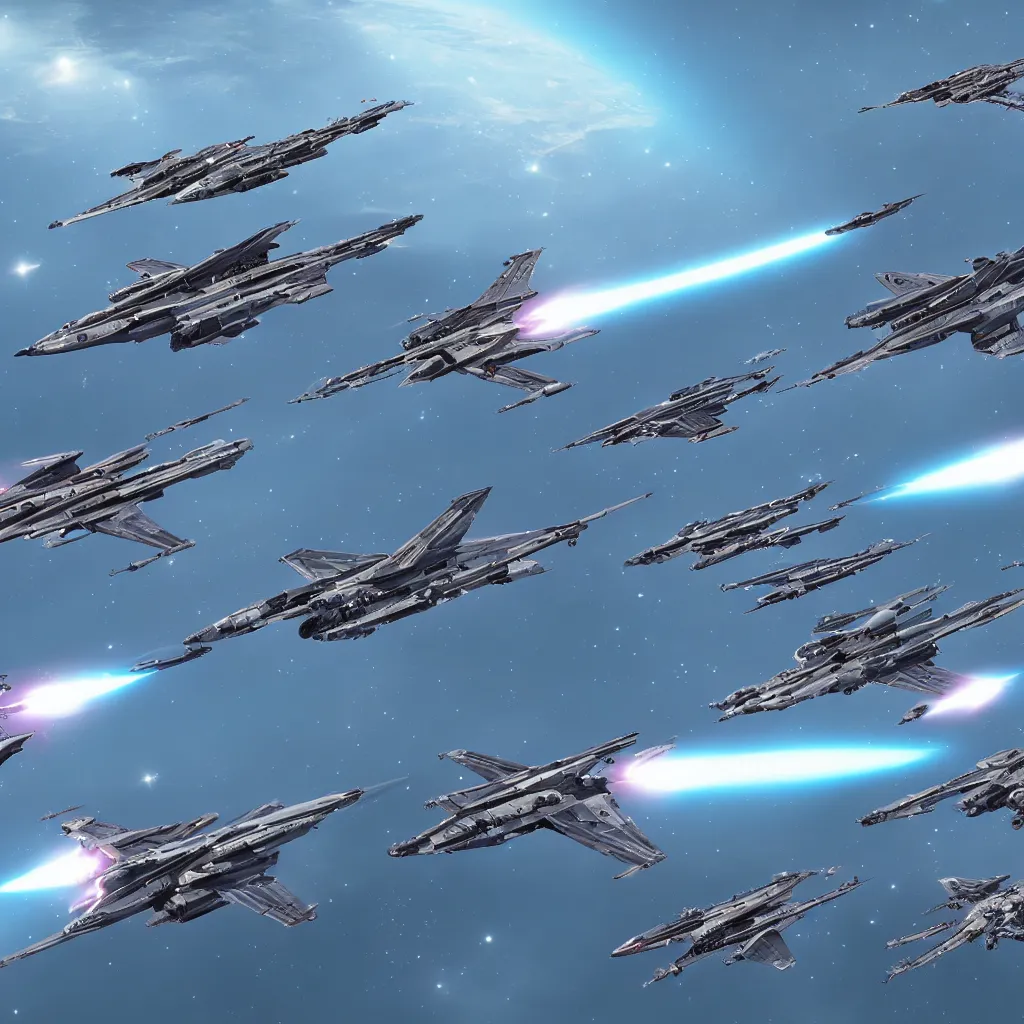 Prompt: fleet of fighter spacecrafts, hyper realistic, 4 k