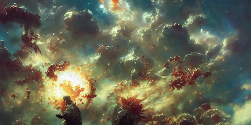 Image similar to supernova, flying plant factory producing clouds in space, painted by ruan jia, raymond swanland, lawrence alma tadema, zdzislaw beksinski, norman rockwell, jack kirby, tom lovell, alex malveda, greg staples