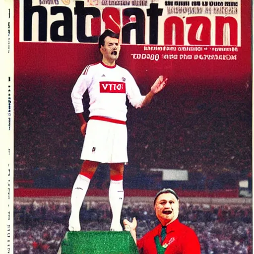 Prompt: Viktor Orbán dressed as the hungarian national soccer team leader, singing the national anthem in a stadium full of hungarian soccer fans, magazin cover art 1983