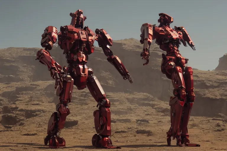 Image similar to a cinematic still from Westworld, red mech, armored core, octane render, nvidia raytracing demo, masterpiece