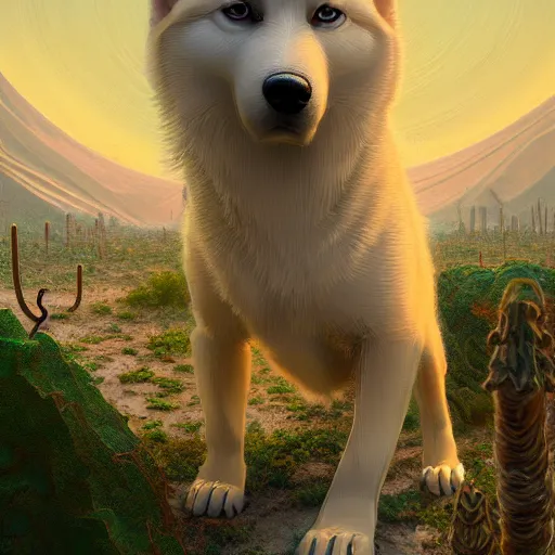 Prompt: white alaskan husky puppy creature in a desert lush oasis, warm tones : : by guillermo del toro, daniel merriam, victo ngai and michal karcz : : ornate, dynamic, particulate, intricate, elegant, highly detailed, centered, artstation, smooth, sharp focus, octane render