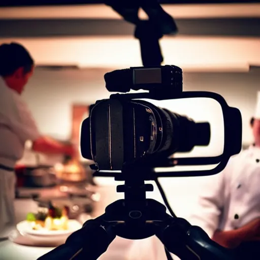 Image similar to “a camera on a tripod taking in front of a silhouette of a chef in a gourmet kitchen photorealistic 4K”