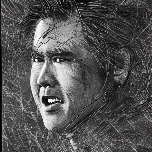 Image similar to Yoshitaka Amano realistic illustration of jeb bush ,hair fluttering in the wind, cracks on his face wearing Elden ring armour with engraving, abstract black and white patterns on the background, noisy film grain effect, highly detailed, Renaissance oil painting, weird portrait angle, blurred lost edges, three quarter view