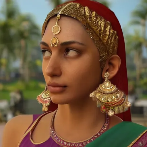 Image similar to a beautiful indian athletic slim female has a halo floating over her head like she was a holy person, the halo was made by a jeweler with gold with intricate details, unreal engine 5